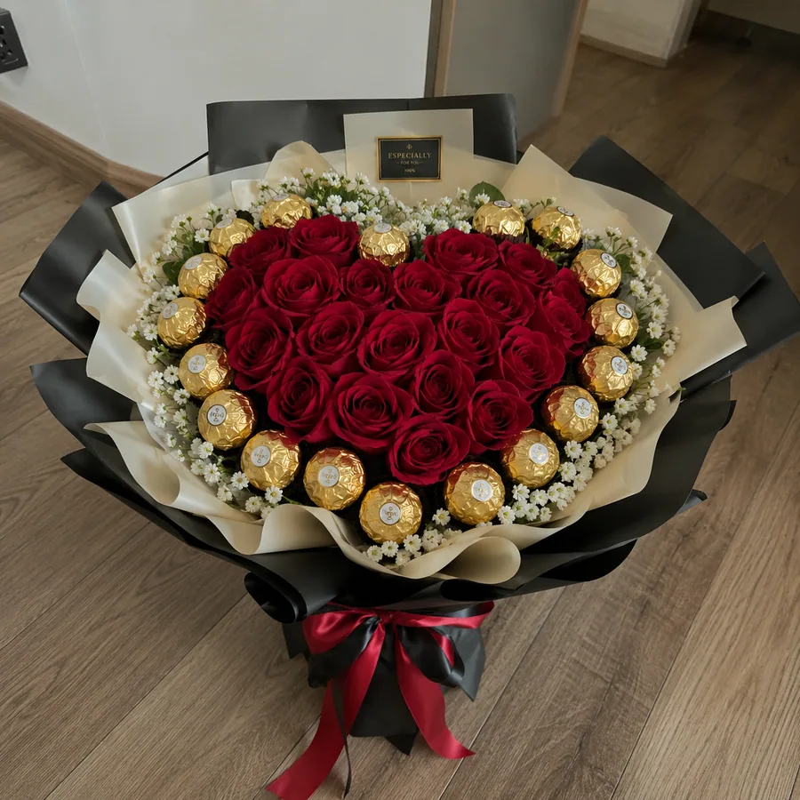 Bouquets avec fleurs et chocolats